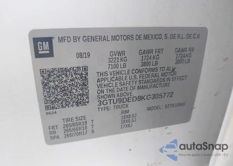 2019 GMC Sierra 1500 Slt z USA, uszkodzony, nr VIN 3GTU9DED8KG305772